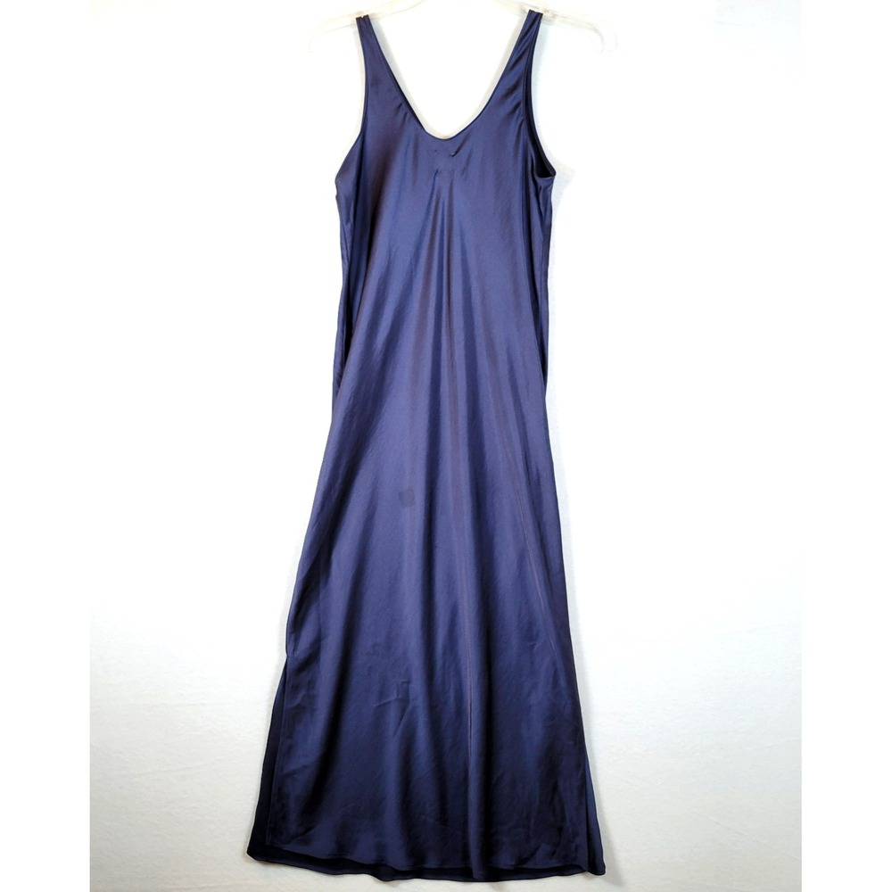 Nic+Zoe Womens Day Gloss Satin Side Slit Maxi Slip Tank Dress Size Small Blue